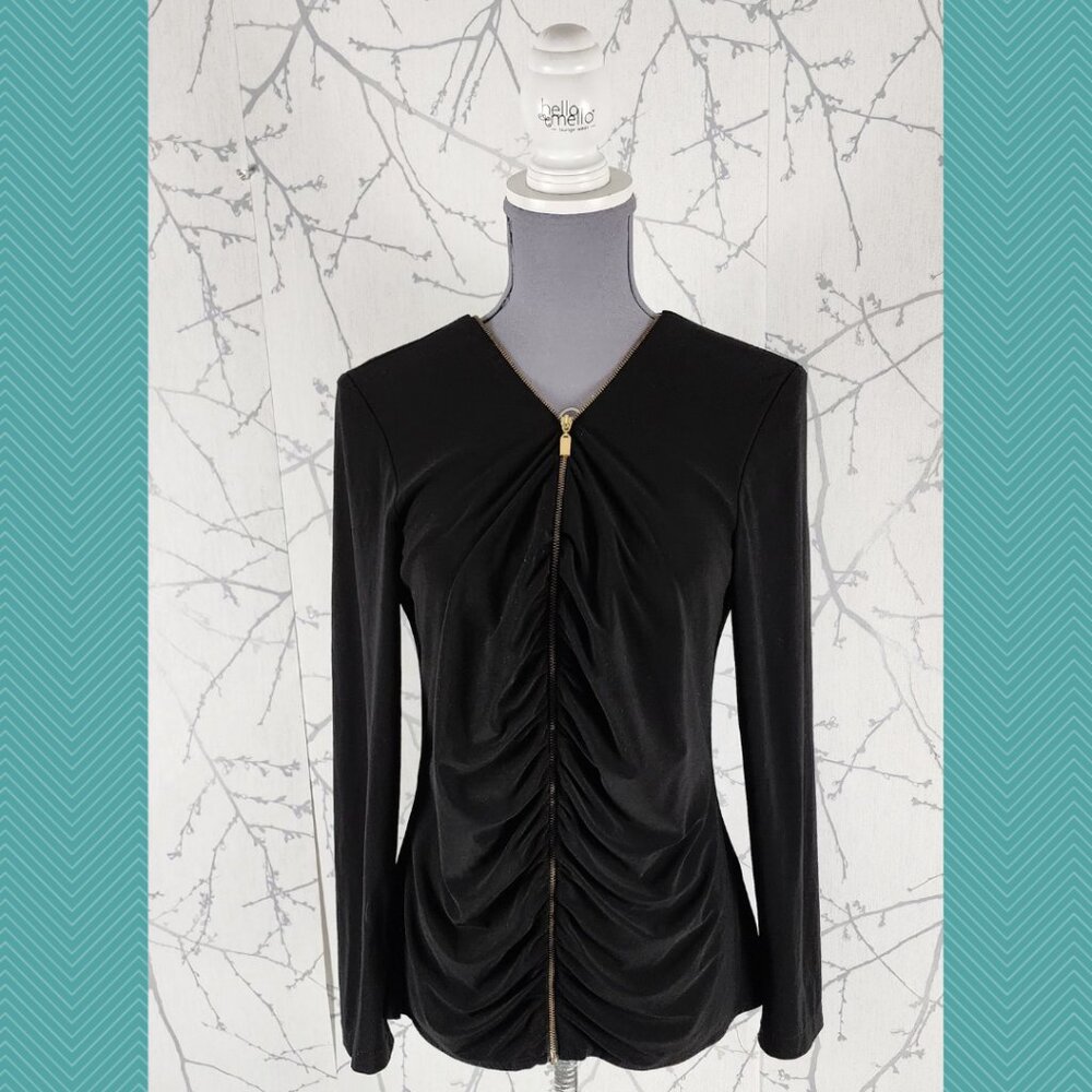 Scapa Lauren Perre Black Stretch Knit Ruched Zip Front Blouse